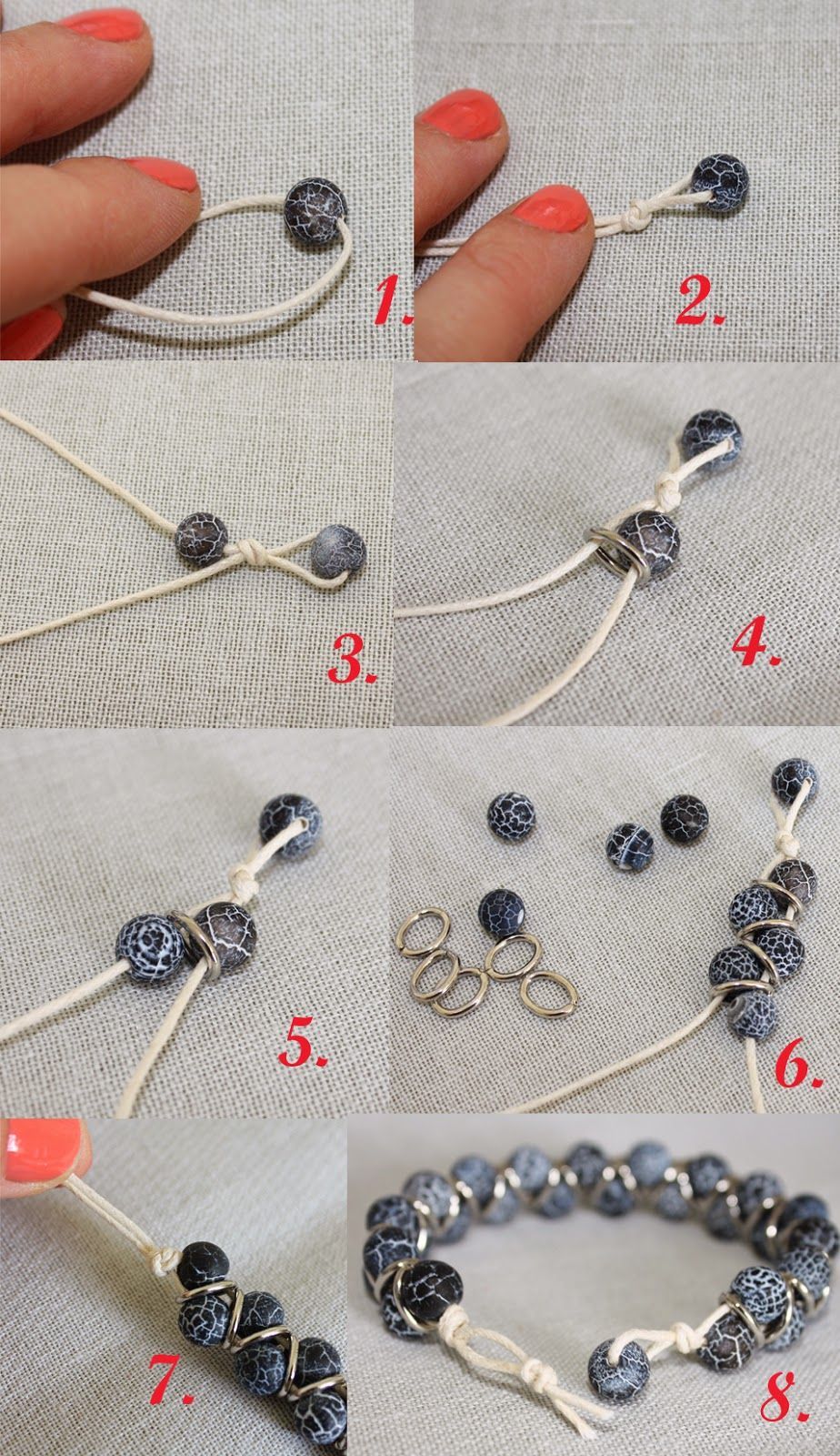DIY: Zigzag Bracelet – You will need: A piece of oval 10×5 mm chain 40” cord 29-30 6mm beads 2 pliers Pr