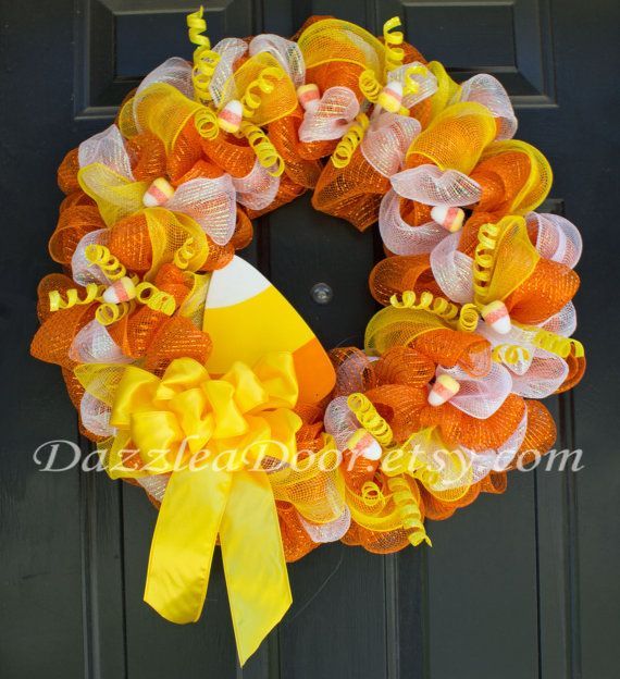 Halloween Candy Corn Deco Mesh Wreath $65 on etsy by DazzleaDoor