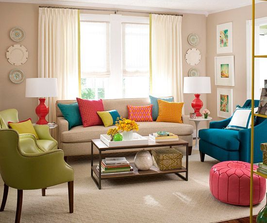 I love to have neutral base colors then decorate with pops of color. This also makes it easier to switch o