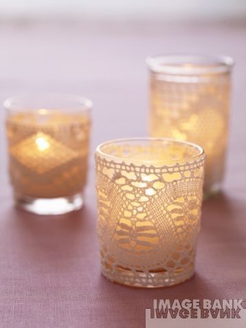 lace wrapped votive holders – I’d like to add a little lace to the table decor, it gives a little vintage