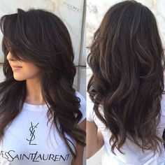 long layered hairstyle for thick hair and side swept bangs