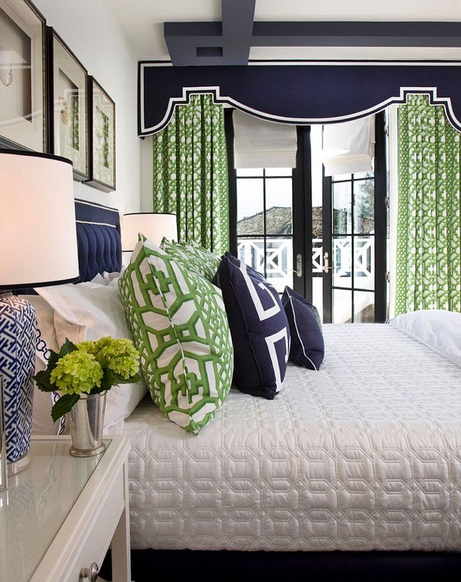 Navy and Green Bedroom. Gorgoeus bedroom with navy and green decor.