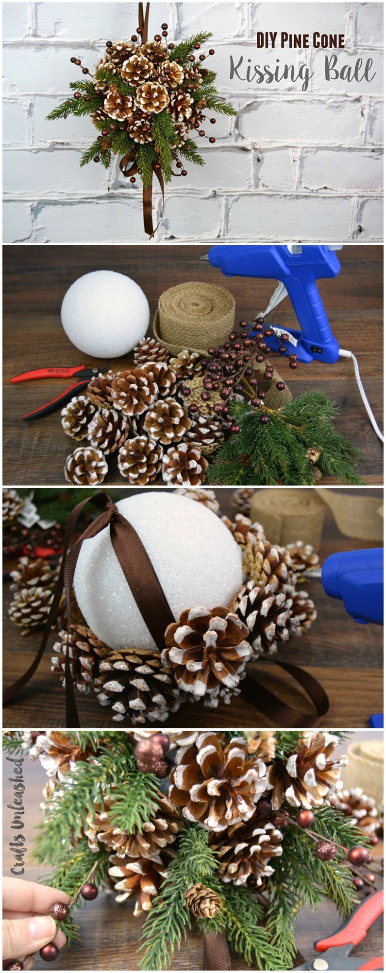 Need an alternative to the traditional winter wreath? This beautiful pine cone DIY kissing ball is the per