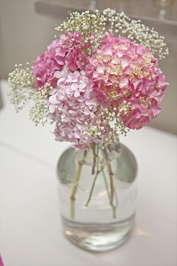 pink hydrangeas and baby’s breath in glass vase – photo by Shillawna Ruffner Photography