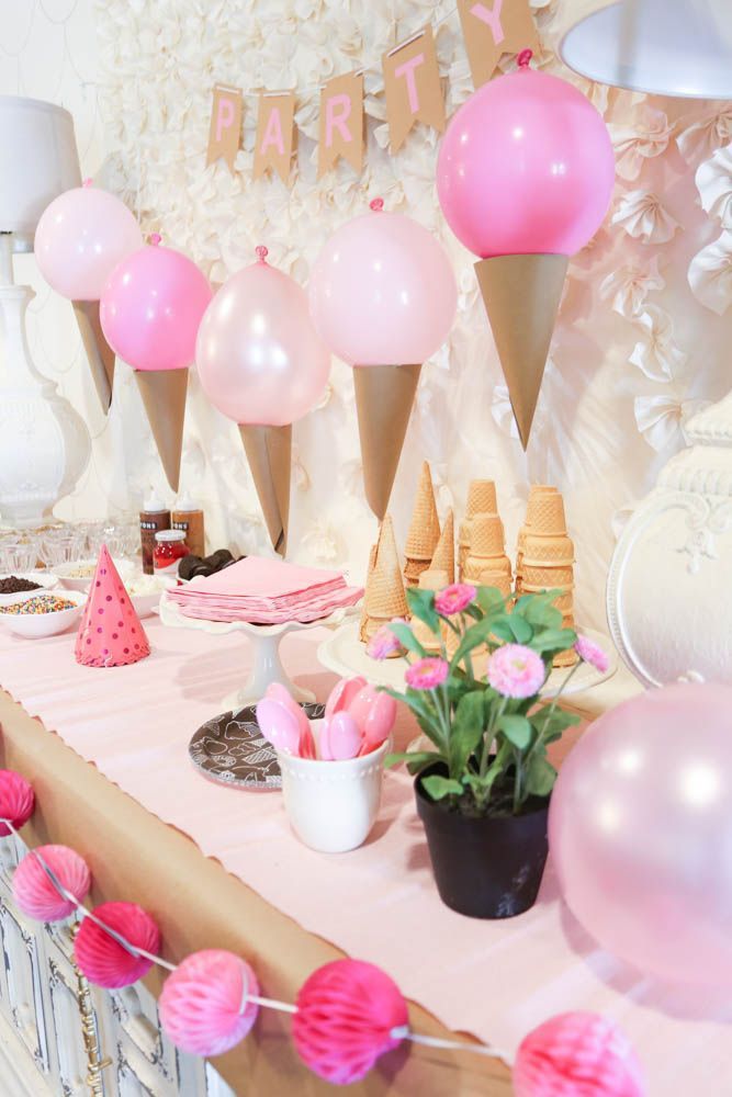 Pink Ice Cream Party Idea – Love this cute set up! Those ice cream cone balloons are awesome! – www.classy