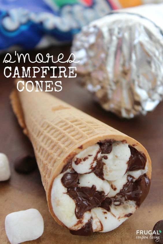 S’mores Campfire Cones – S’mores recipe outside the graham cracker box on Frugal Coupon Living. Great camp