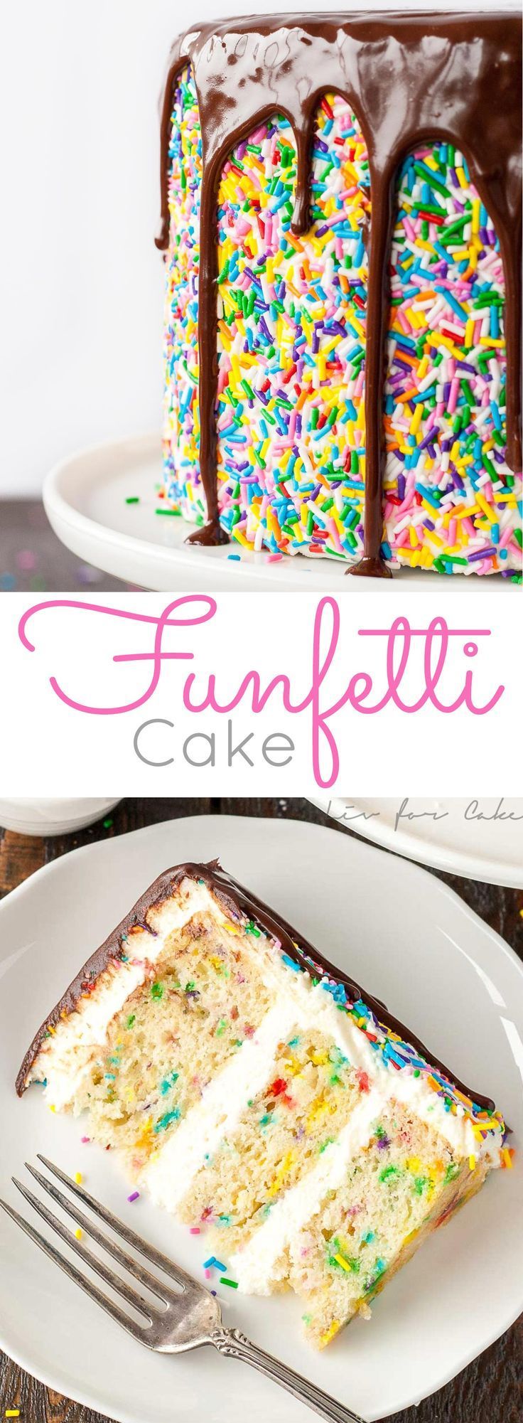 This sprinkle studded vanilla cake is paired with a fluffy cream cheese frosting and topped with a rich da