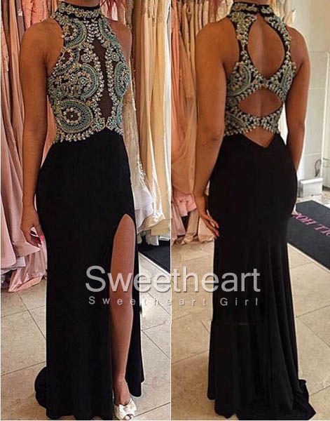 Unique black chiffon beaded long prom dress for teens, evening dress, modest prom dress long,black prom dr