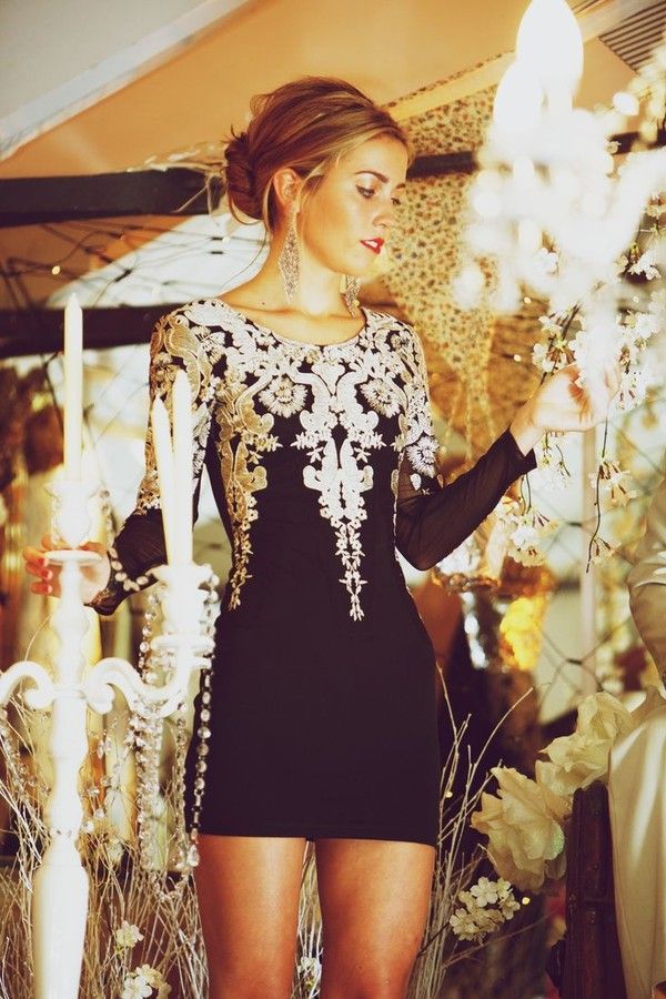 Vintage Inspired Embroidered Black Dress w/ white lace & silver appliques. Add 4 inches to the hem…