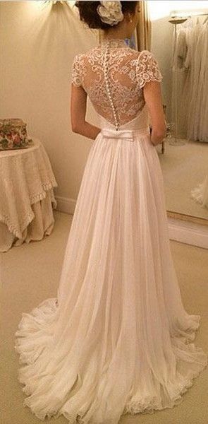 2016 A-line Wedding Dresses Chiffon Short Sleeves Sheer Lace Back Elegant Bridal Gowns