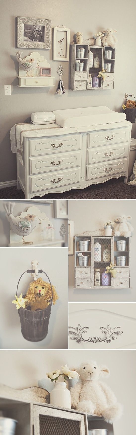 A vintage dresser as a changing table, a wall collage and a neutral color palate is so SoBo!