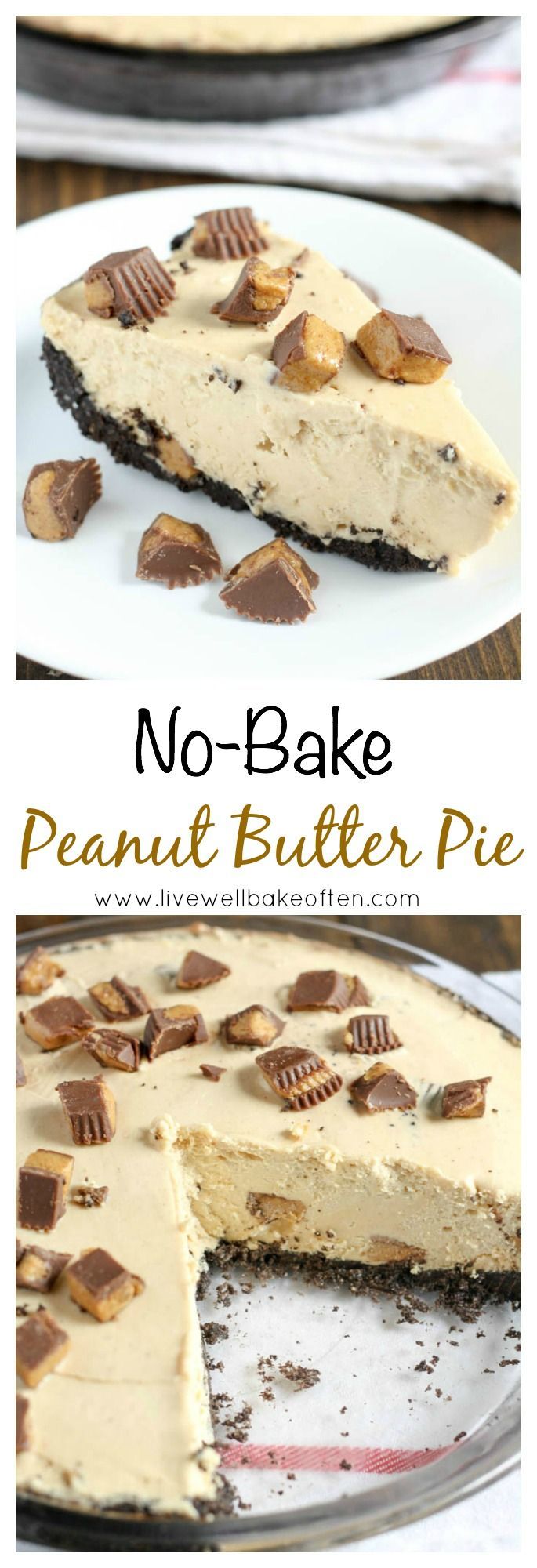 An easy no-bake peanut butter pie with a homemade Oreo crust!