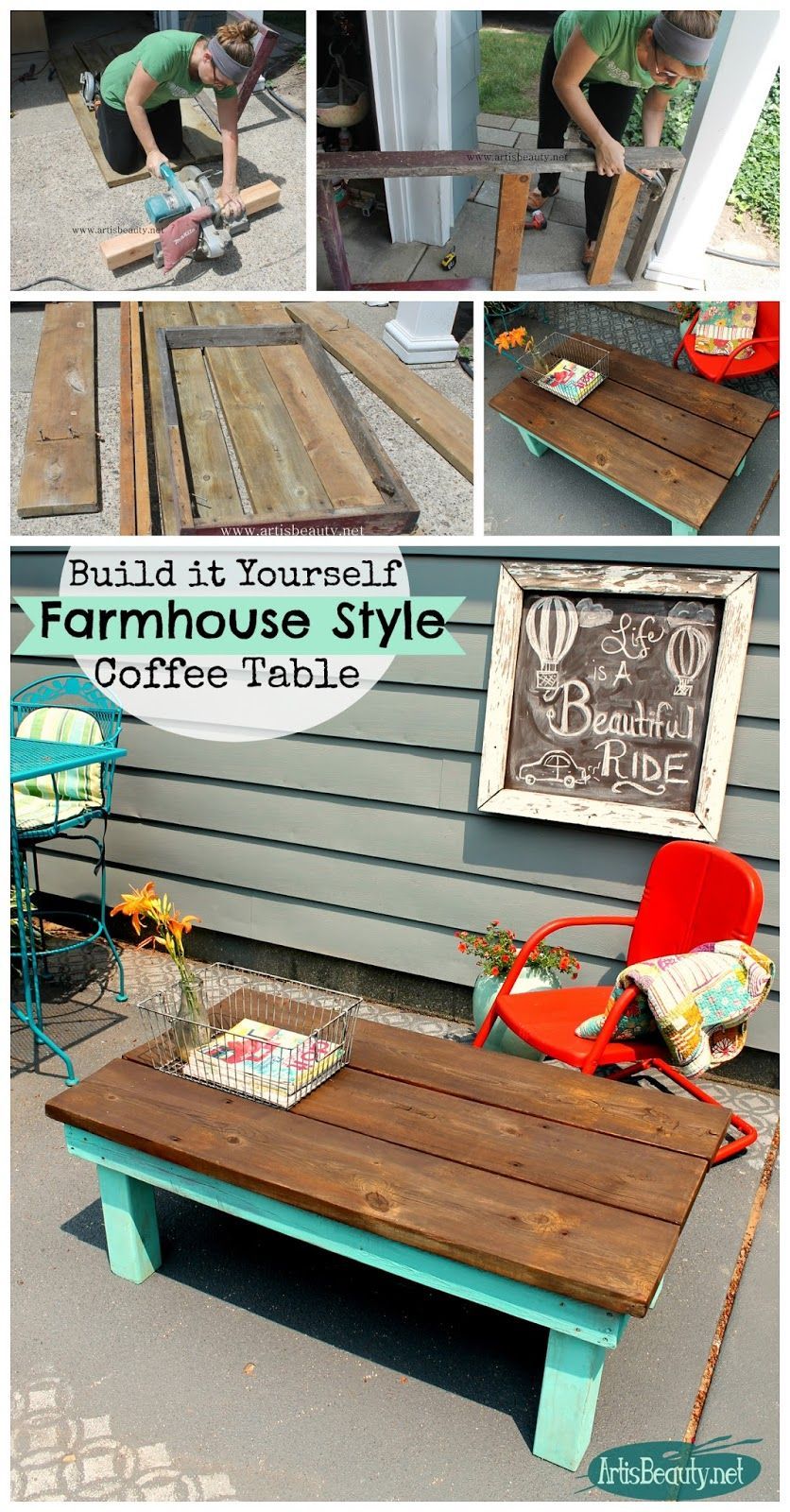 ART IS BEAUTY: DIY build it yourself Vintage Farmhouse Style Coffee Table from Rescued Lumber.