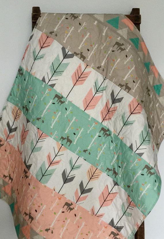 Baby Quilt, Birch Deer Forest, Woodland, Birch Trees, Mod, Coral, Mint, Gray, Baby Blanket, Baby Bedding,