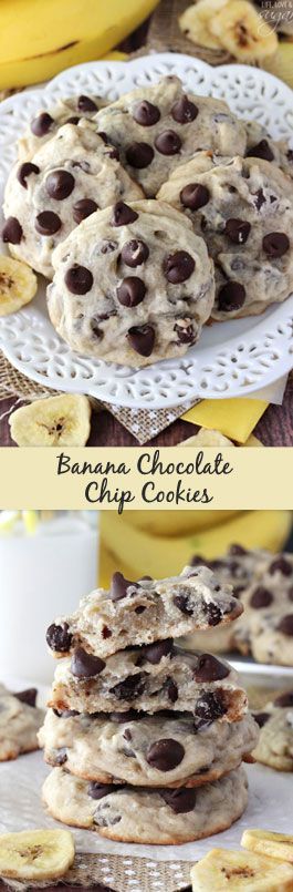 Banana Chocolate Chip Cookies – dense, moist and chewy cookies full of banana and chocolate chips! Not at