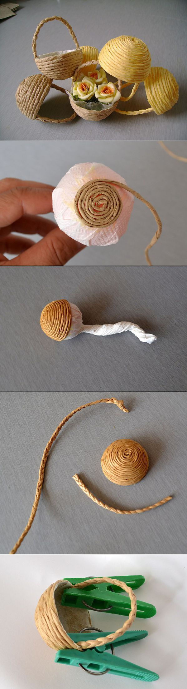 Basket – made with ball (tennis, golf?) covered in paper napkin with twine glued around bottom. Found orig