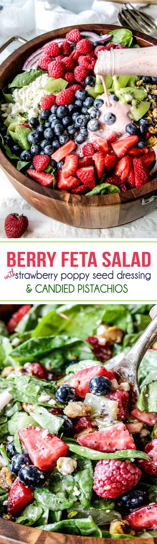 Berry Feta Spinach Salad with Creamy Strawberry Poppy Seed Dressing and CANDIED pistachios is so easy, del