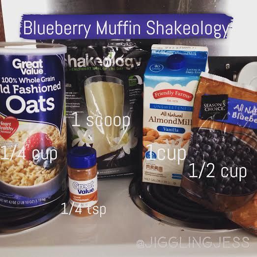 Blueberry Muffin Shakeology Recipe:  1c dry oats 1 scoop Vanilla Shakeo 1c unsweetened almond milk 1/2c bl