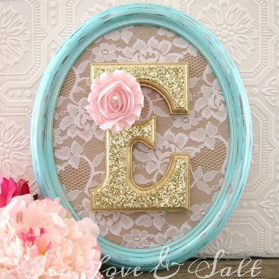 blue/green and gold nursery decorative letter with lace and pink flower… possible DIY project