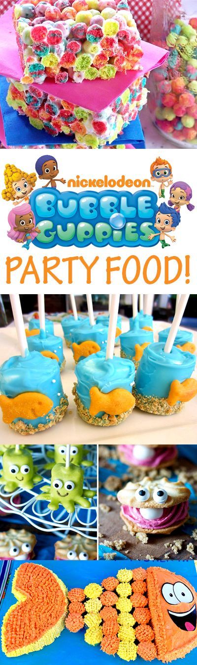 Bubble Guppies party food ideas!  Goldfish marshmallow pops, M&M fish cupcakes, Mr. Grouper cupcake cake,