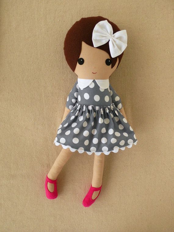 Custom Listing for Leah51 – Fabric Doll Rag Doll Girl in Gray Polka Dotted Dress with Hot Pink Shoes