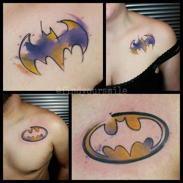 Cute watercolor couple Batman tattoos by Russel Van Schaik.