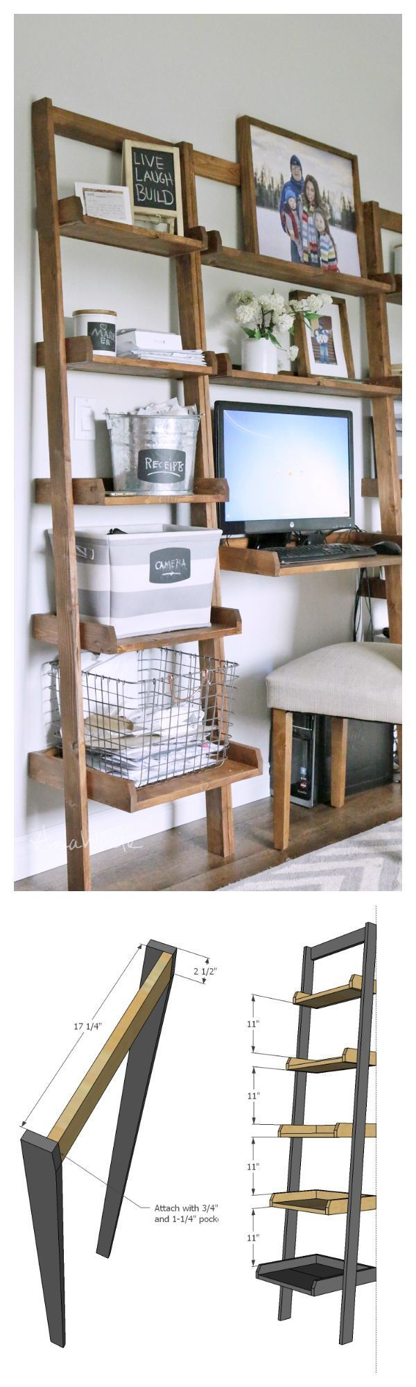 diy shelf- leaning ladder wall bookshelf made from 1x boards desk plans too