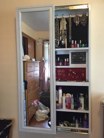 diy sliding mirror jewelry cabinet from a wall mirror!