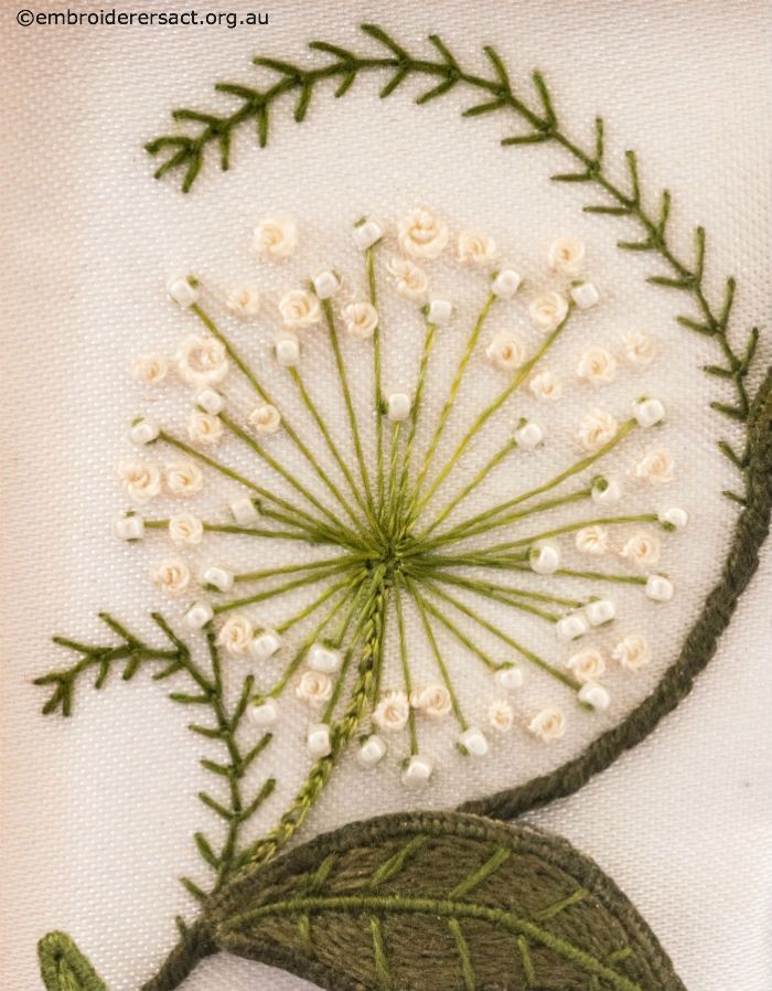 Flower Detail from Top Panel from Jane Nicholas Mirror 1 stitched by Lorna Loveland – Embroiderers’ Guild