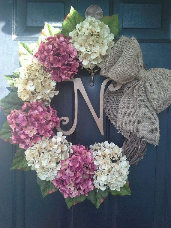 Front door wreath, hydrangea wreath, burlap wreath, grapevine, french country, burlap bow on Etsy, $59.00