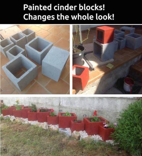 Garden Hack: Painted cinder blocks. Great idea for a custom look. Another idea is to use glow in the dark