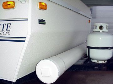 GREAT idea: Mount a 6″ PVC pipe on camper/RV exterior to hold outdoor carpet