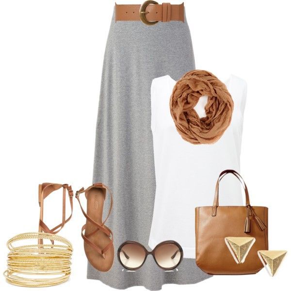 Grey maxi skirt, white top (sleeves), camel belt, camel sandals, camel scarf
