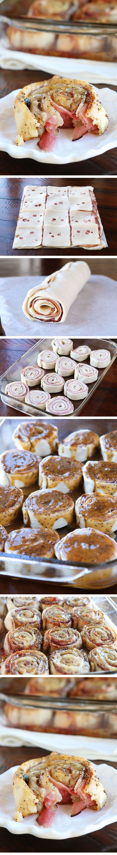 Hot Ham & Cheese Party Rolls with a Brown Sugar Poppy Seed Glaze. Perfect for taking to friends, new moms,