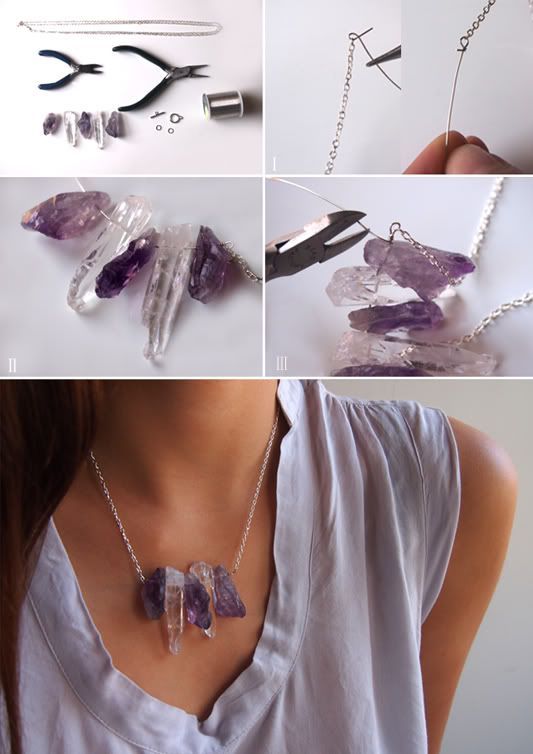 .:* L – DIY Chanel Inspired Raw Crystal Necklace [“You will need: 16 inches of chain; 5 raw crystal or ame