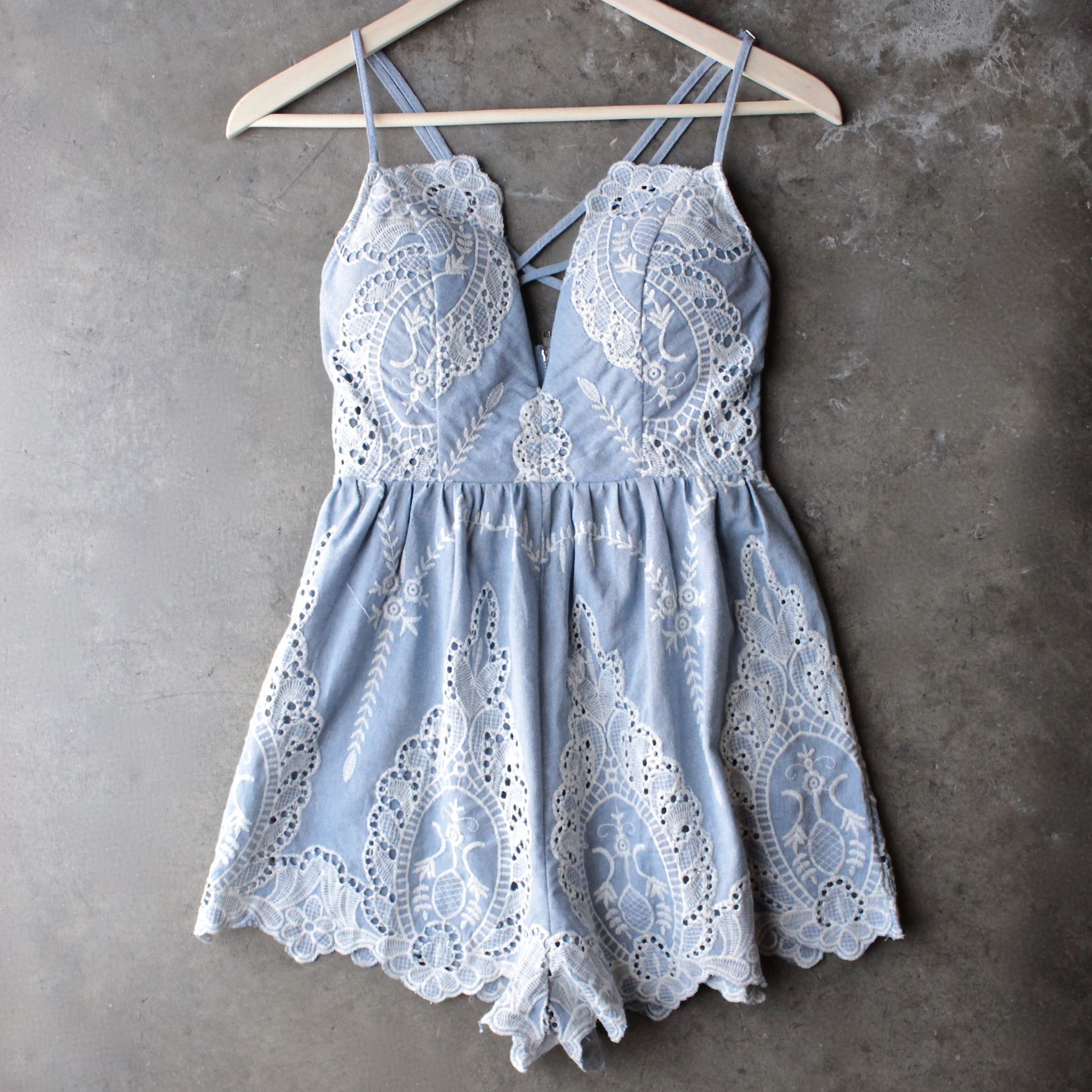 lace one piece embellished embroidered denim romper – shophearts – 1