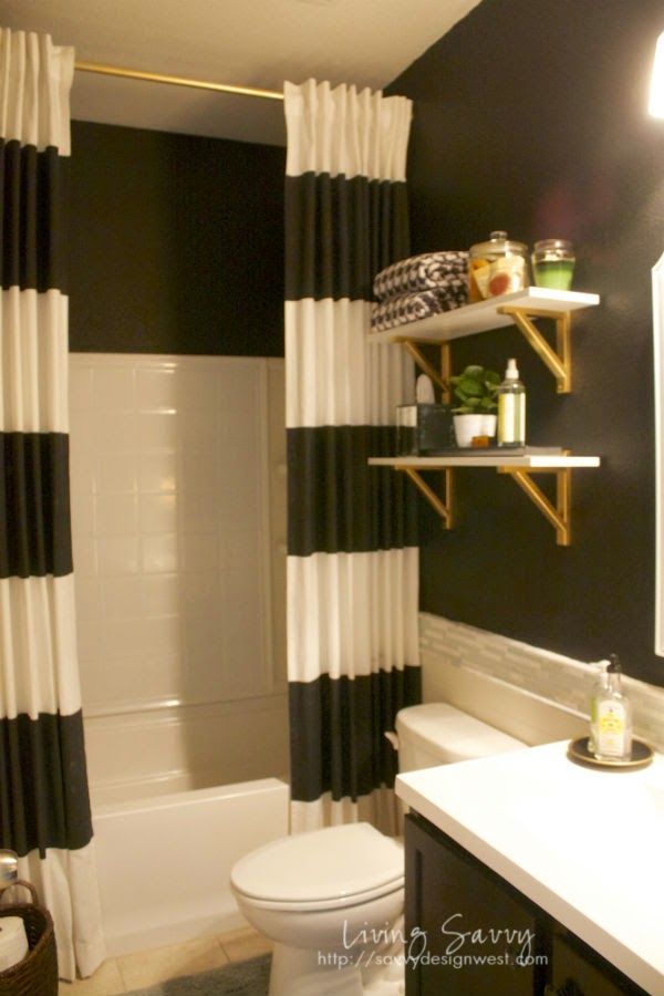 Living Savvy: My House | Black & White Guest Bath Reveal – like the striped curtain and gold shelf bracket