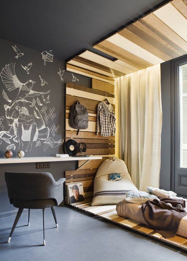 Love this use of grey and wood. More than that – love idea of strip up wall continuing on floor and/or cei