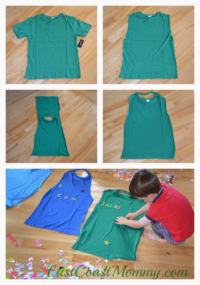 No-Sew Superhero Cape from a t-shirt. The post has a tutorial for toilet roll superhero cuffs too. Fun!