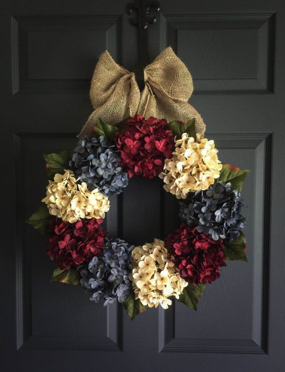 Patriotic Wreath  Americana Decor  with Exclusive Denim Blue Hyrangeas ~ handmade by HomeHearthGarden