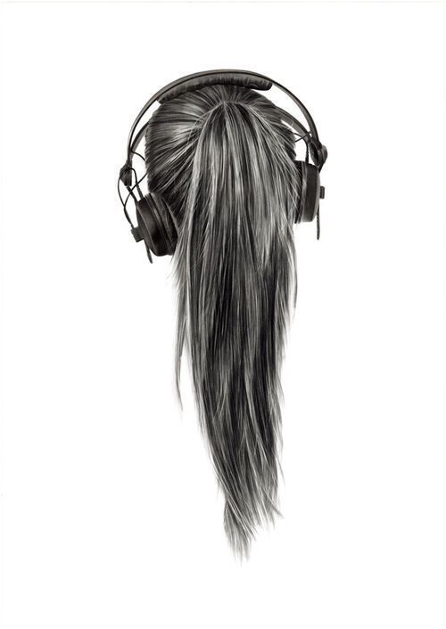 Pencil Drawing of girls hair with earphones
