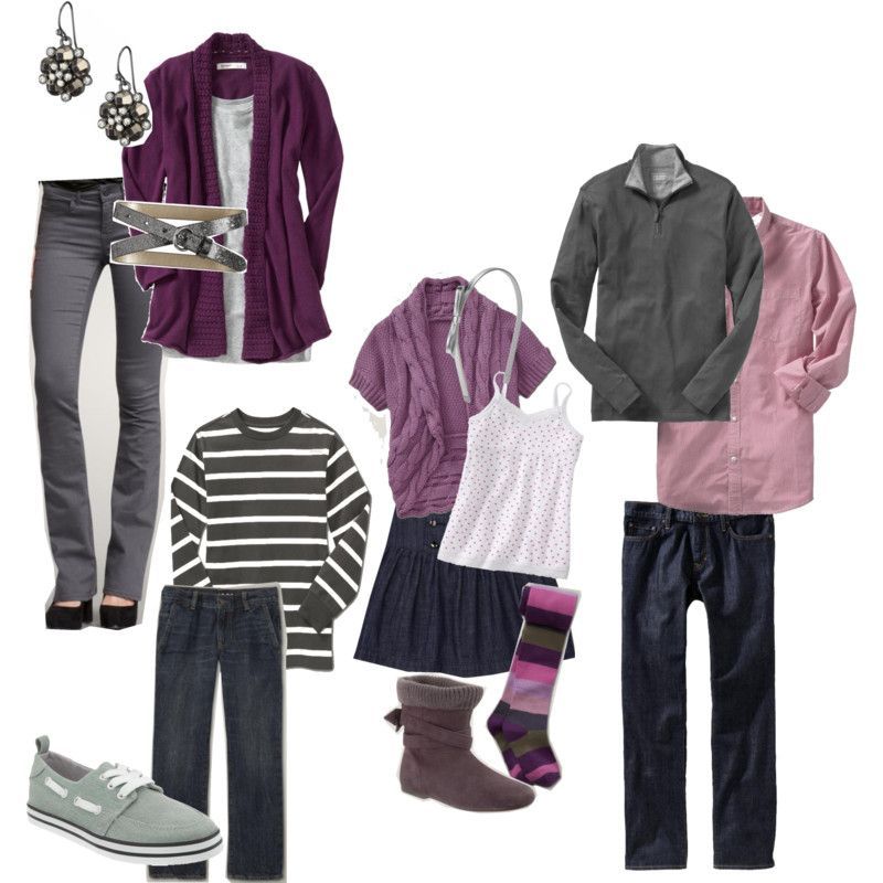 Play with shades! { plum + gray + white! } choose two neutral colors to tie the outfits together. . . but