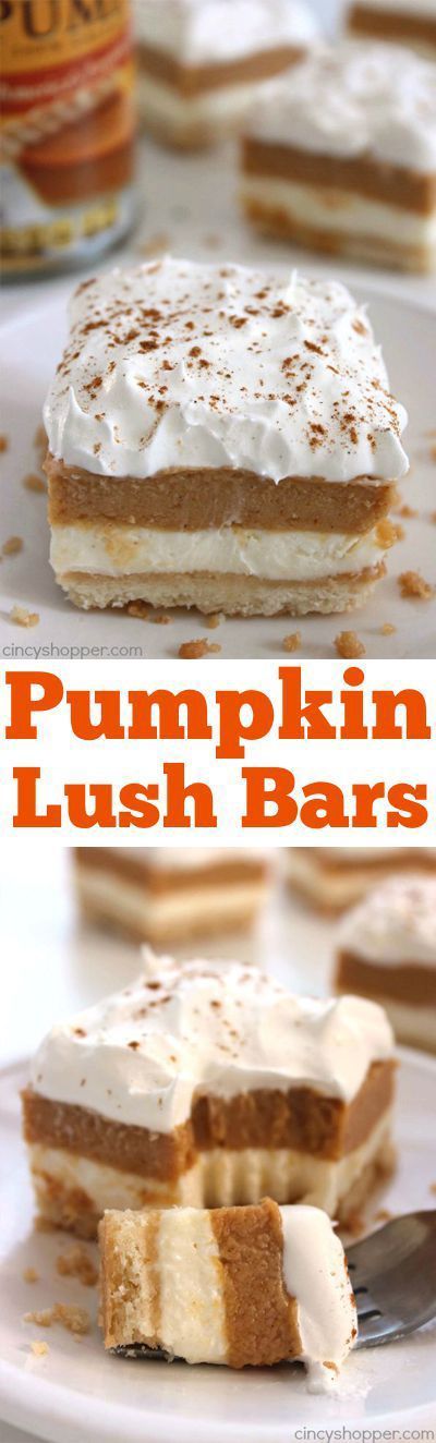 Pumpkin Lush Bars -Delicious fall layered dessert. Simple to make. Great for Thanksgiving dessert.