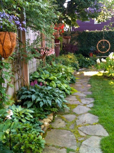 shady side of house plantings… hosta, astillbe, ferns, & more…. stone instead of grass- starting at dr