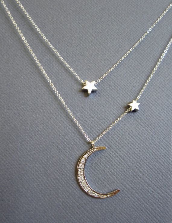 Star and Crescent Moon Necklace Layered Necklace Silver by Muse411, $62.00