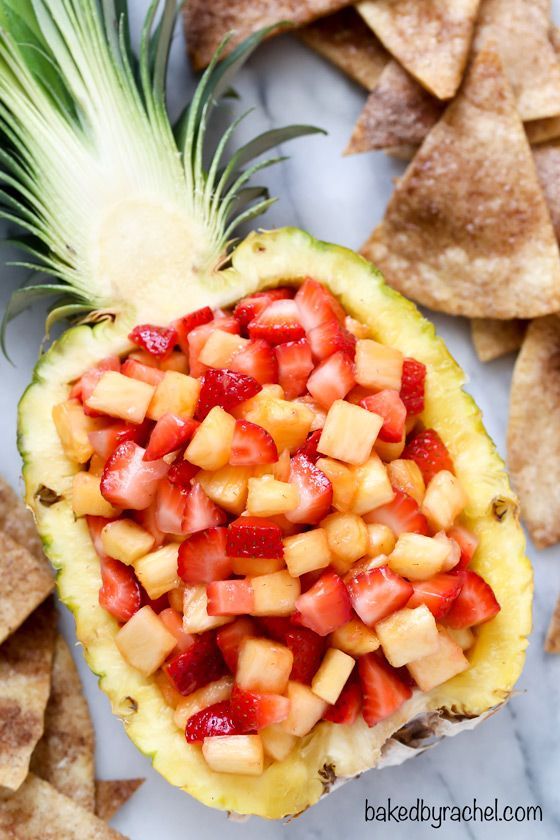 Strawberry pineapple salsa with cinnamon tortilla chips. Recipe from @Rachel {Baked by Rachel} A family fr