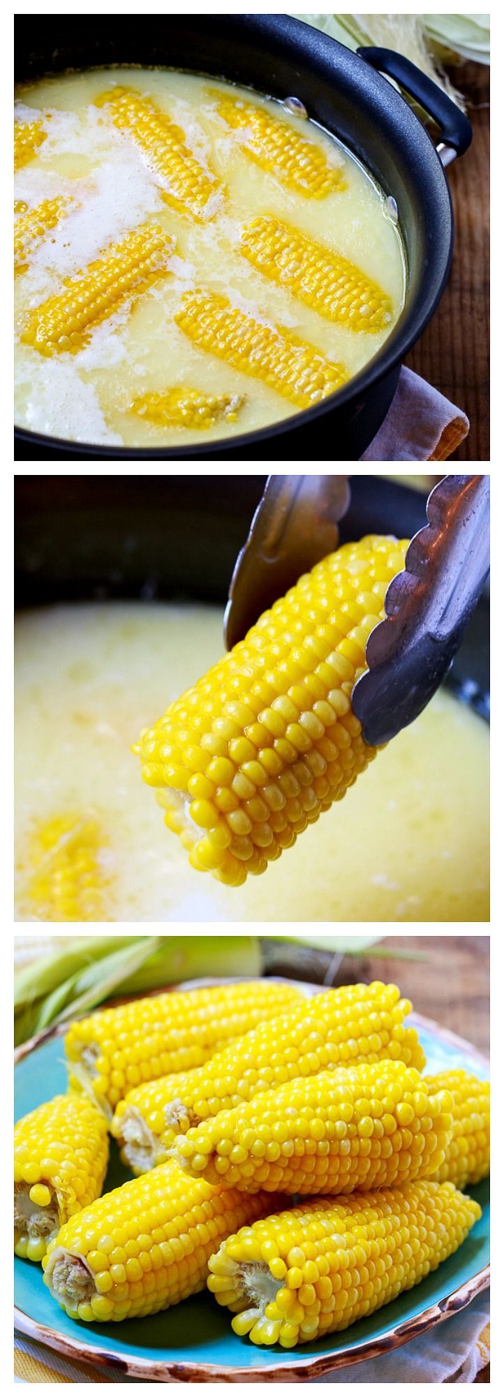 The best way to cook corn- in boiling water with a cup of milk and a stick of butter. So good!