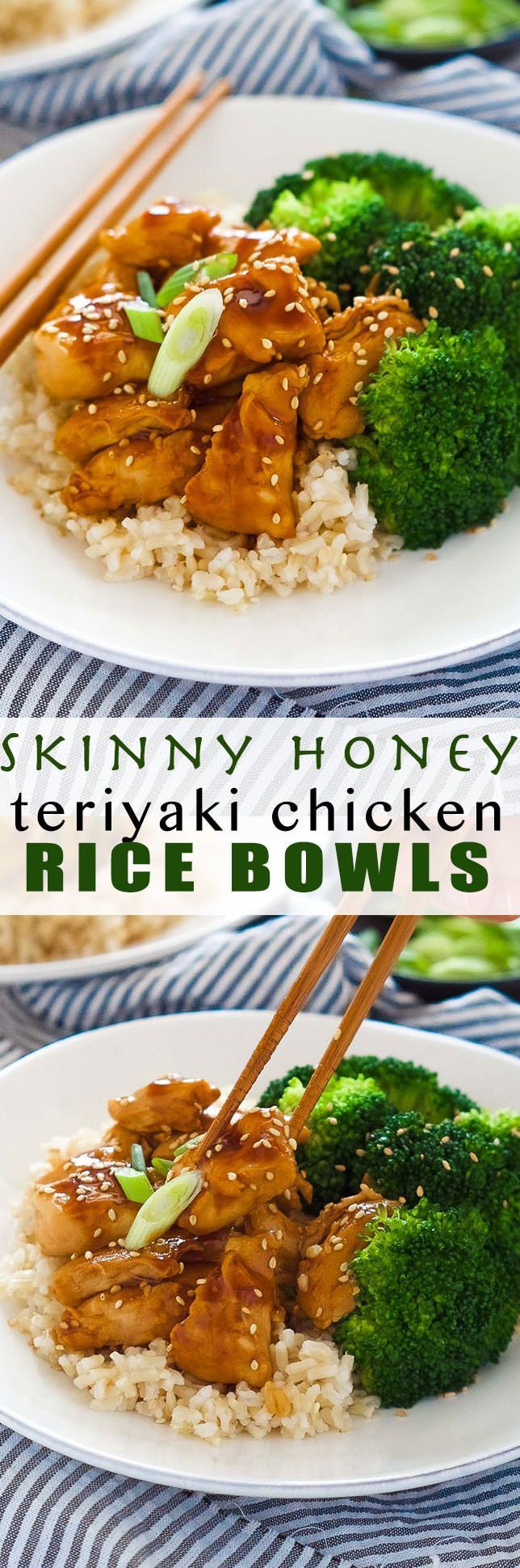 These delicious Skinny Honey Teriyaki Chicken Rice Bowls are a super quick dinner! Tender chicken is saute