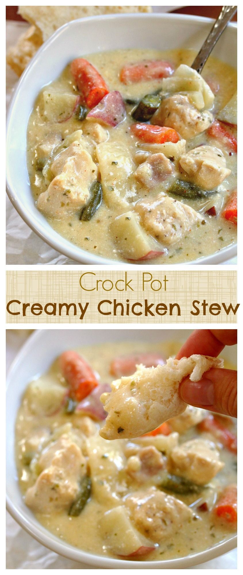 Thick and creamy chicken stew made easily right in the crock pot. The perfect comfort food and delicious s