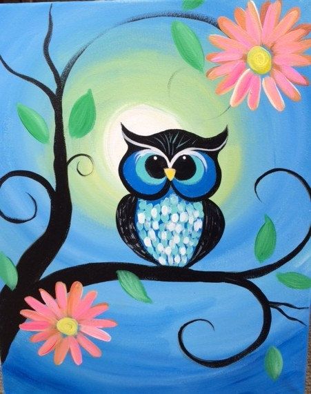 This 16X20 canvas painting depicts a brightly colored #owl sitting on a tree branch with pink & orange flo